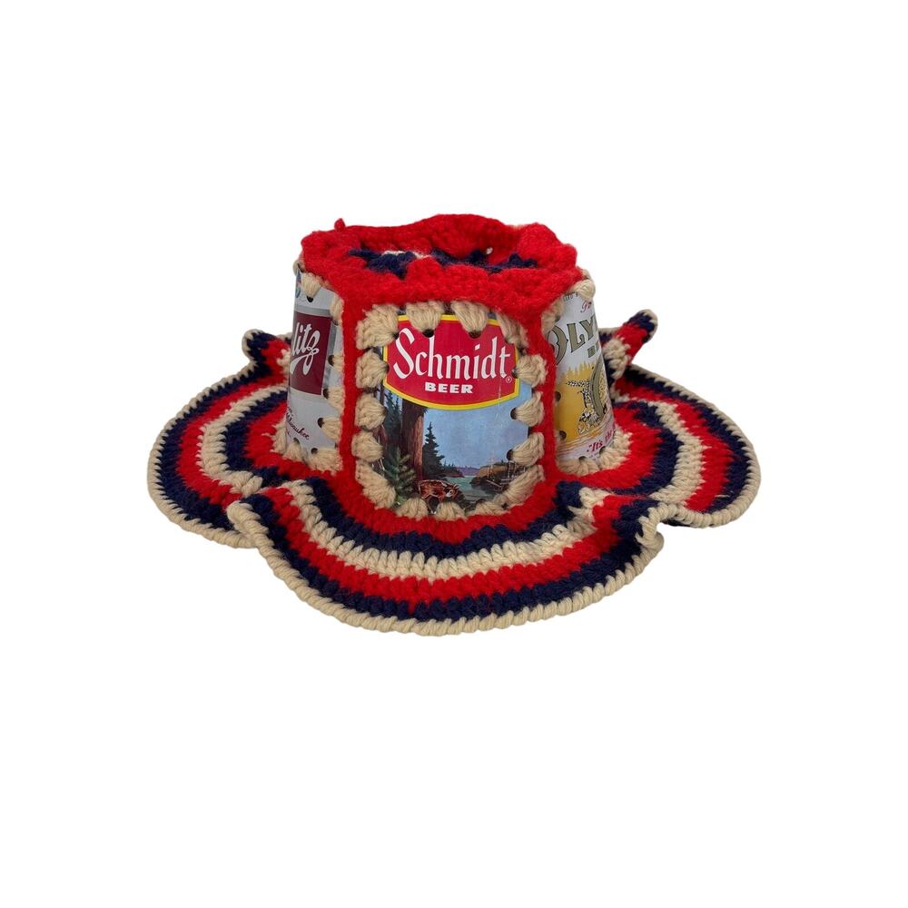 VTG Crochet Beer Can Hat Americana Schmidt Schlitz Olympia Novelty Breweriana